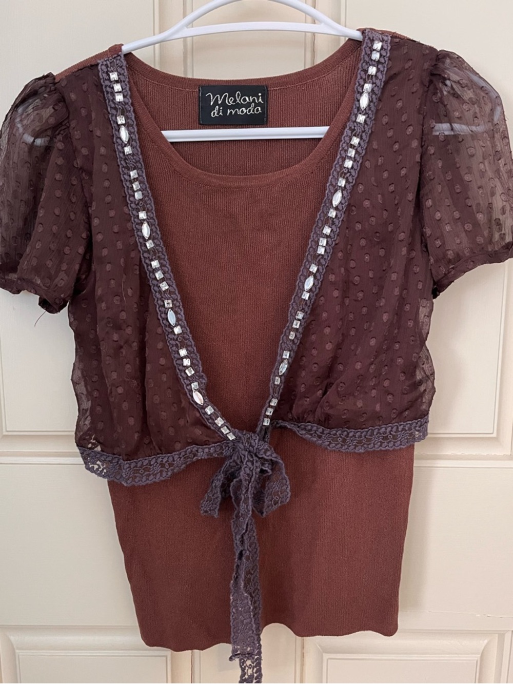 Melani di Moda Brown Layered Top with Sheer Polka Dot Overlay